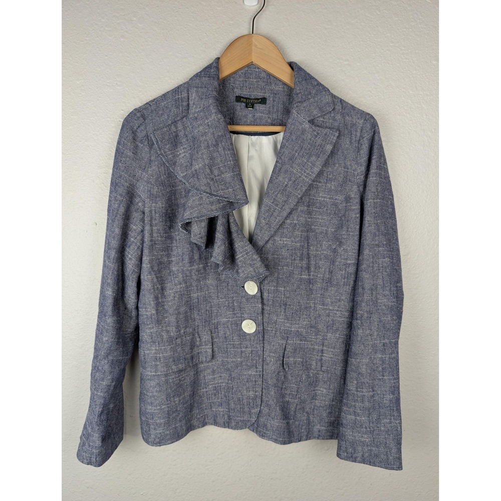 For Cynthia Blazer Womens Small Blue Linen Ruffle‎ Lapel Lined Career Jacket